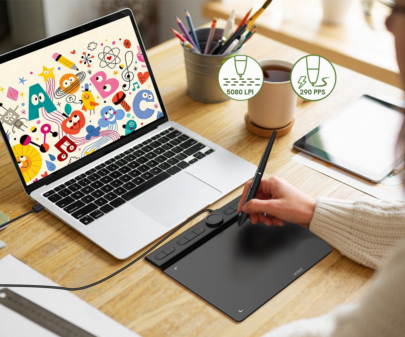 290PPS report rate and 5080LPI pen resolution, Every stroke appears instantly and accurately thanks to a high report rate and resolution.
Your cursor follows your pen precisely, so you stay focused on creating without distraction.