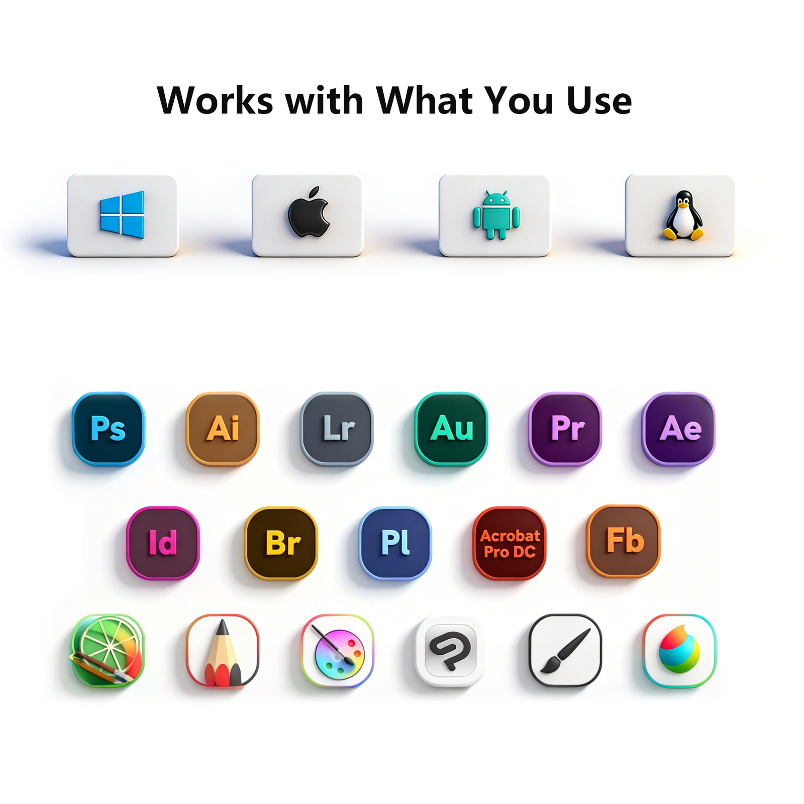 vk1060 tablet compatible with Photoshop, Illustrator, Clip Studio, SketchBook, Krita, MediBang Paint, and more.
