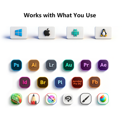 vk1060 tablet compatible with Photoshop, Illustrator, Clip Studio, SketchBook, Krita, MediBang Paint, and more.