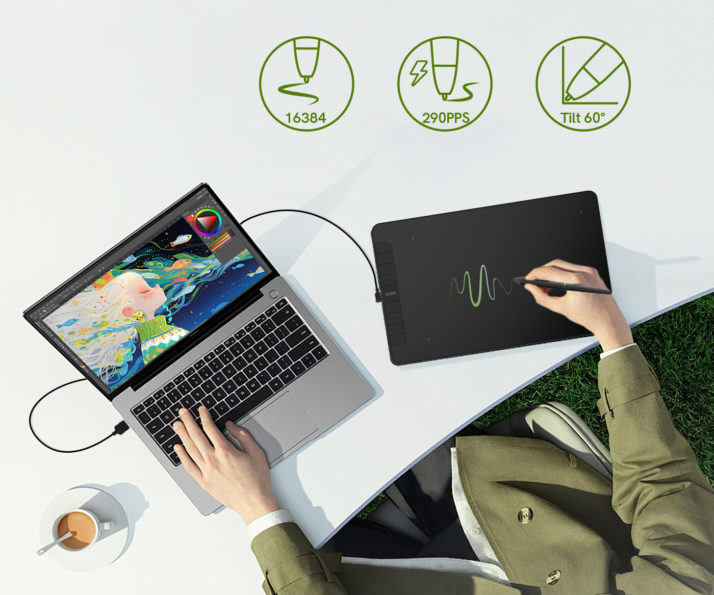 VK1060 pen delivers natural, precise strokes with 16384 pressure levels and ±60° tilt recognition, allowing you to control line thickness, shading, and opacity effortlessly. With a fast 290 PPS report rate, every movement is captured instantly for a responsive